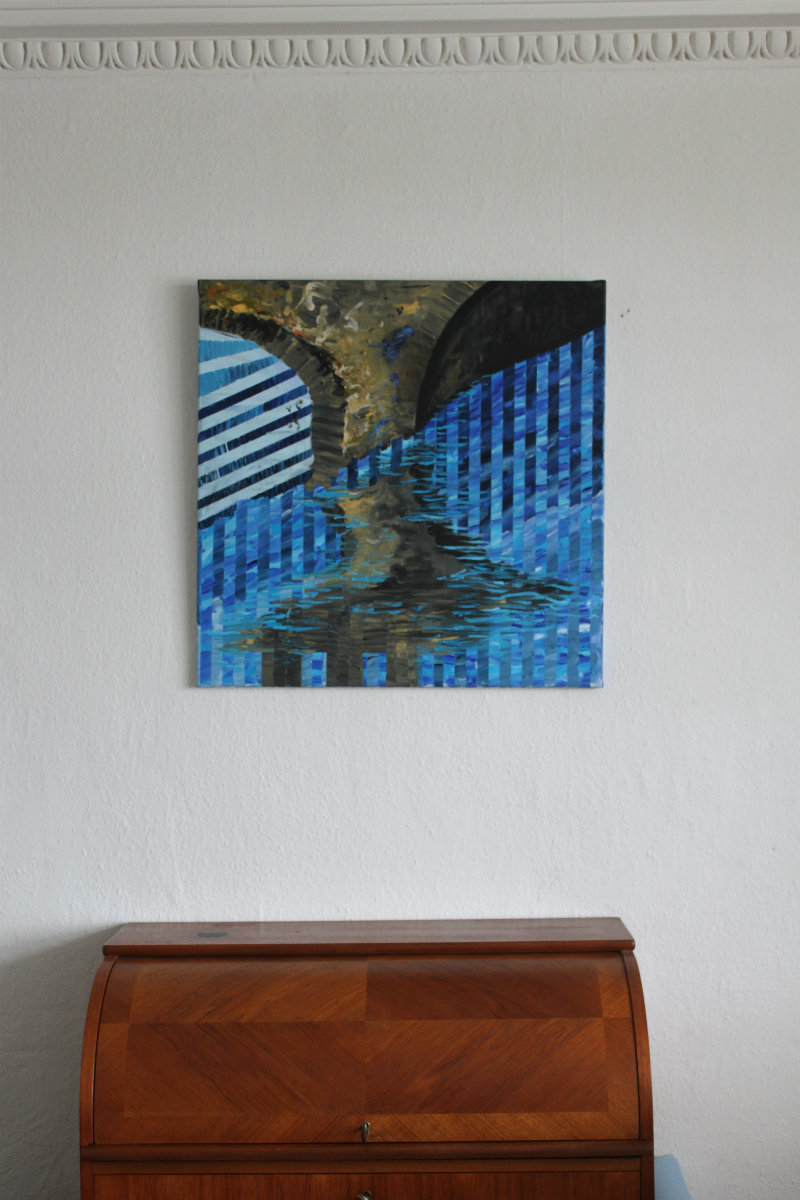 bridge water streaks blue colors abstract paintings galleries artists art decor
