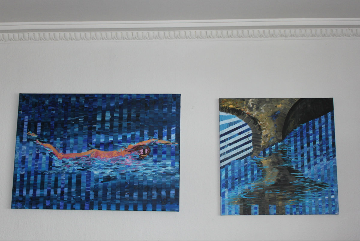 bridge water streaks blue colors abstract paintings galleries artists art decor