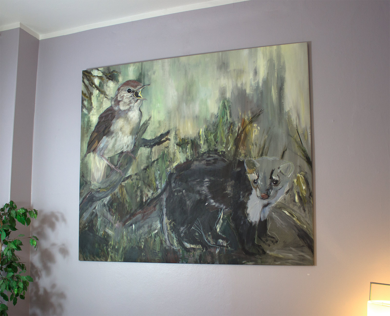 Nightingale & stone marten | Paintings | Louise Bech Pedersen | Beauton Art Gallery paintings, animal, colorful, figurative, illustrative, landscape, animals, botany, insects, wildlife, brown, green, grey, acrylic, flax-canvas, oil, autumn, contemporary-art, danish, design, interior, interior-design, modern, modern-art, nordic, scandinavien, Buy original high quality art. Paintings, drawings, limited edition prints & posters by talented artists.