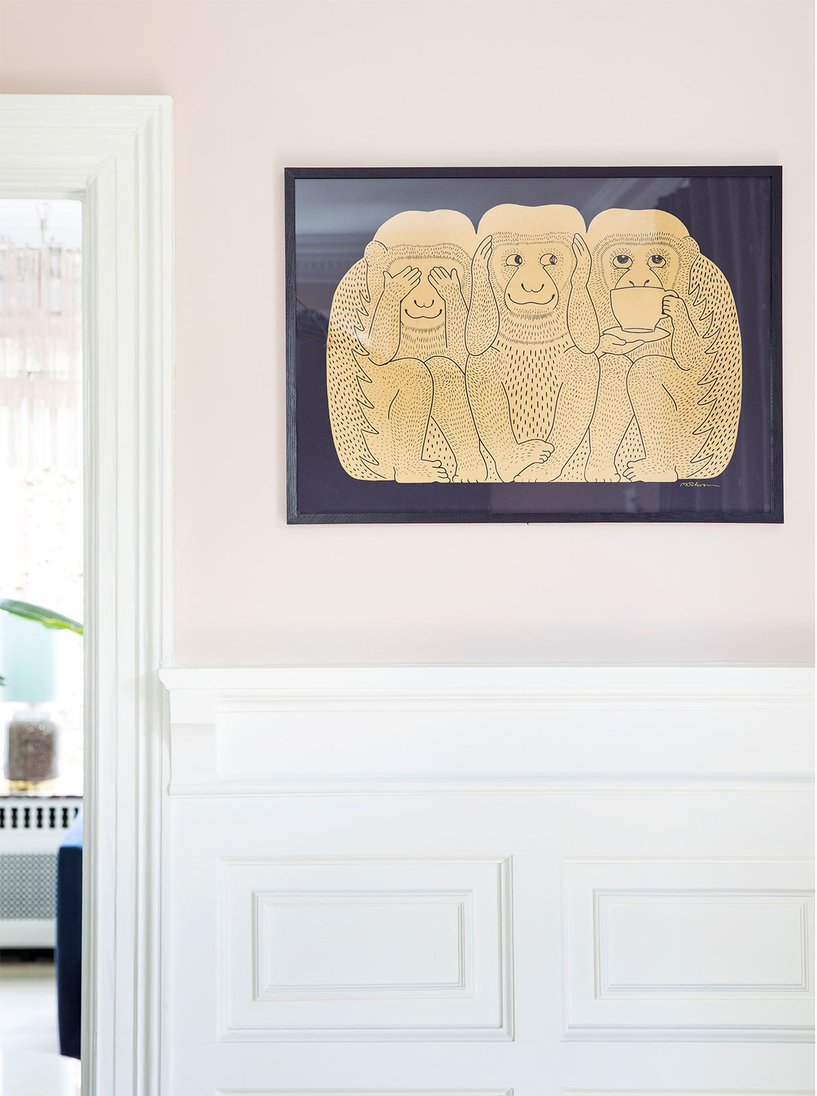 3 Monkeys Gold / Aubergine | Posters, Linocuts | Monika Petersen | Beauton Art Gallery posters, linocuts, animal, figurative, graphical, illustrative, monochrome, animals, everyday life, wildlife, brown, gold, acrylic, paper, amusing, beautiful, contemporary-art, cute, danish, decorative, design, interior, interior-design, modern, modern-art, nordic, posters, scandinavien, Buy original high quality art. Paintings, drawings, limited edition prints & posters by talented artists.