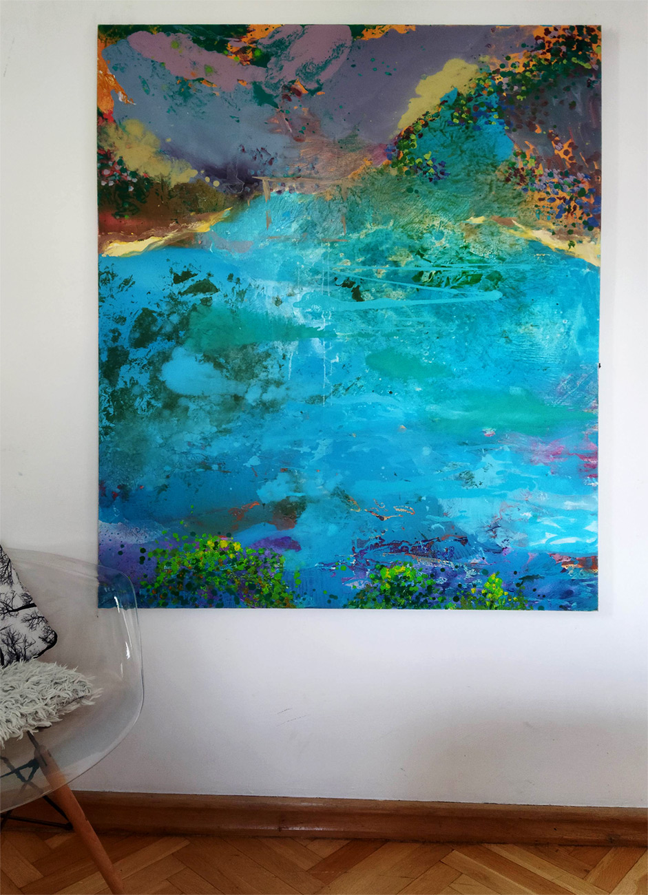 The Valley of Forgotten Dreams | Paintings | Agnieszka Zawisza | Beauton Art Gallery paintings, abstract, colorful, expressive, graphical, landscape, botany, nature, sky, blue, green, purple, turquoise, flax-canvas, oil, abstract-forms, atmosphere, beautiful, contemporary-art, danish, decorative, design, flowers, interior, interior-design, modern, modern-art, mountains, plants, vibrant, vivid, Buy original high quality art. Paintings, drawings, limited edition prints & posters by talented artists.