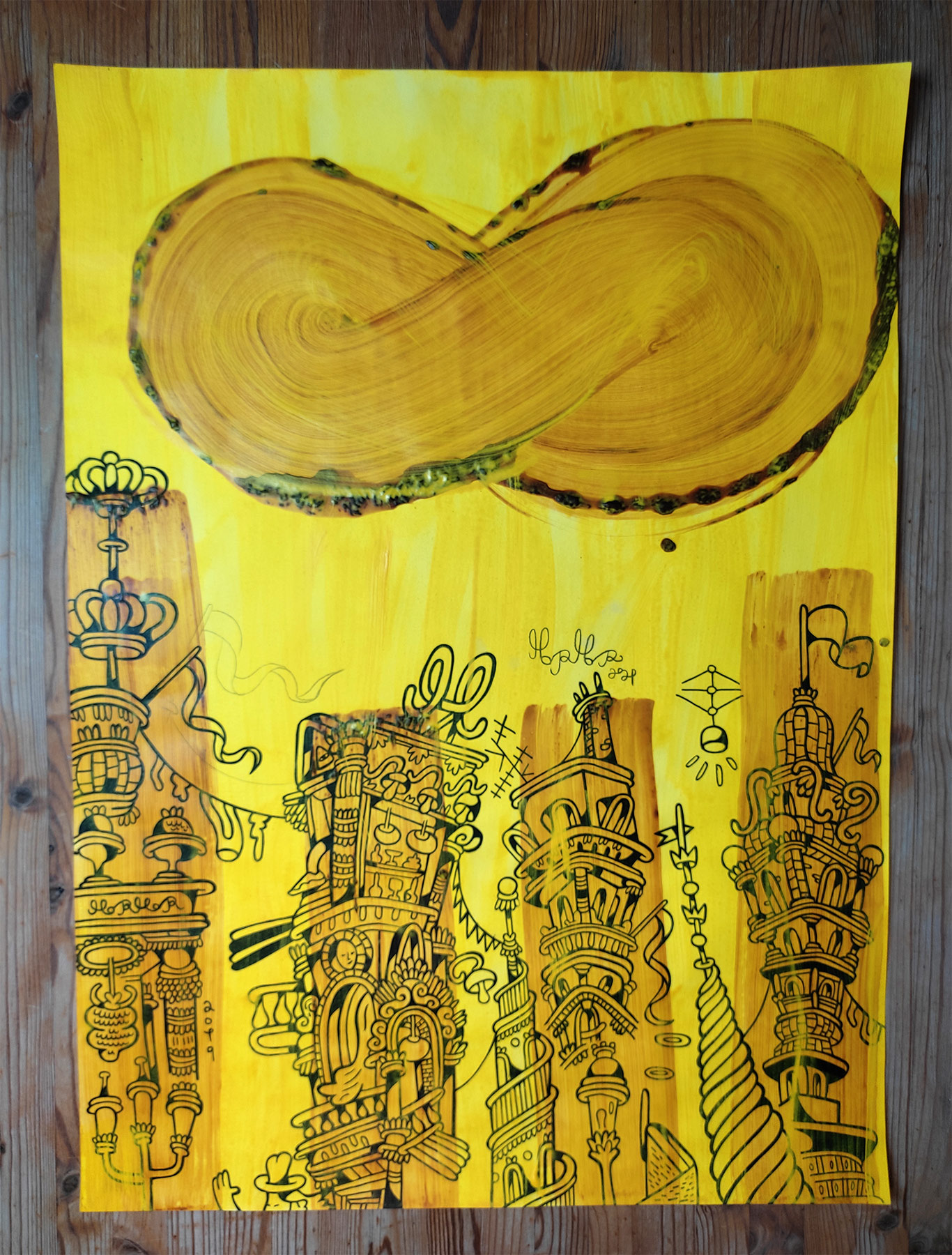 UFO | Drawings, Paintings | Mormor | Beauton Art Gallery drawings, paintings, colorful, family-friendly, graphical, illustrative, pop, architecture, cartoons, patterns, sky, black, brown, yellow, acrylic, ink, paper, lacquer, other-mediums, architectural, buildings, cities, contemporary-art, danish, decorative, design, interior, interior-design, modern, modern-art, nordic, pop-art, scandinavien, Buy original high quality art. Paintings, drawings, limited edition prints & posters by talented artists.