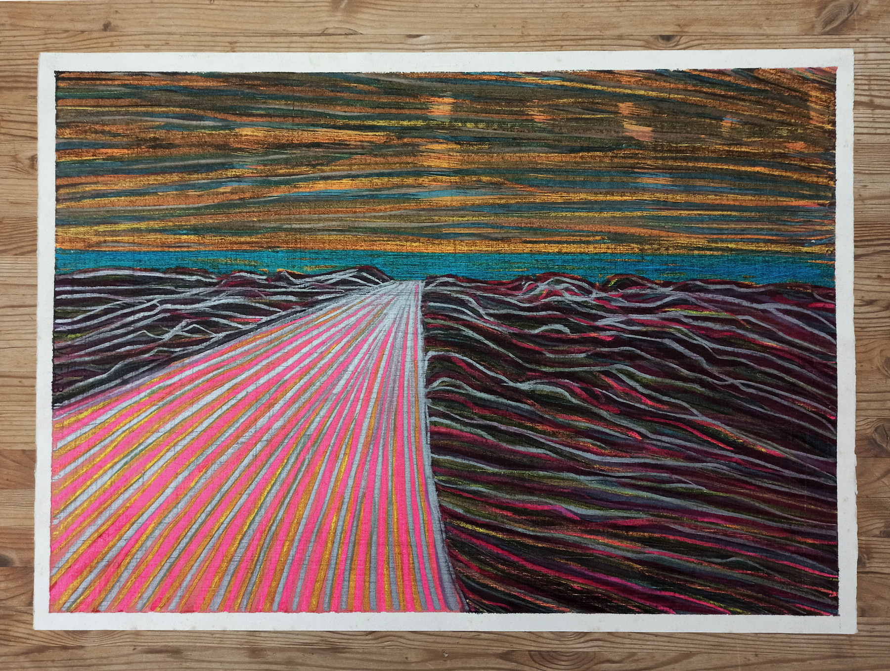 drawings, colorful, graphical, illustrative, landscape, minimalistic, movement, patterns, sky, black, blue, pastel, pink, crayons, paper, bright, contemporary-art, tranquil, Buy original high quality art. Paintings, drawings, limited edition prints & posters by talented artists.