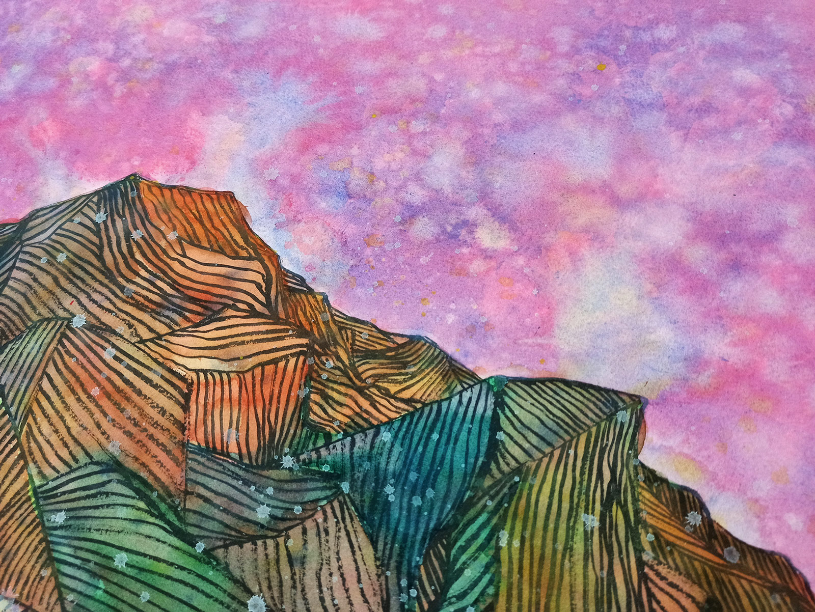 watercolor-paintings, colorful, figurative, landscape, nature, sky, pink, violet, paper, watercolor, contemporary-art, natural, tranquil, Buy original high quality art. Paintings, drawings, limited edition prints & posters by talented artists.