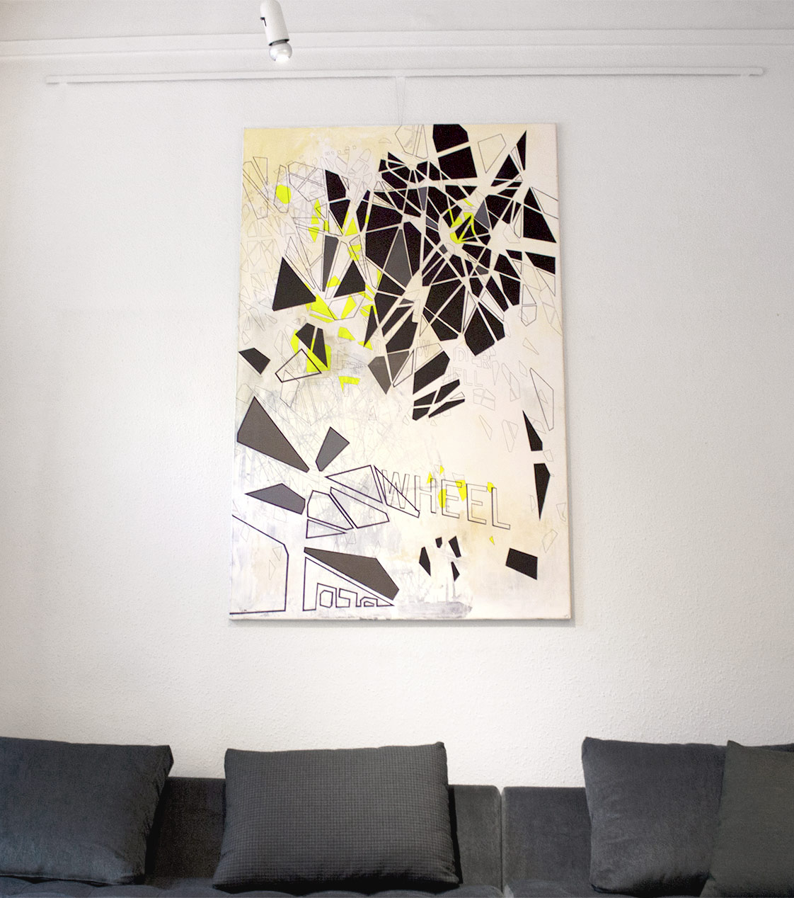 Falling Wonder | Paintings, Collages | Tina Louise Hunderup | Beauton Art Gallery paintings, collages, abstract, geometric, graphical, pop, architecture, movement, patterns, science, black, grey, white, yellow, acrylic, cotton-canvas, pencils, photographs, abstract-forms, architectural, buildings, contemporary-art, danish, decorative, design, farm, interior, interior-design, modern, modern-art, nordic, scandinavien, Buy original high quality art. Paintings, drawings, limited edition prints & posters by talented artists.
