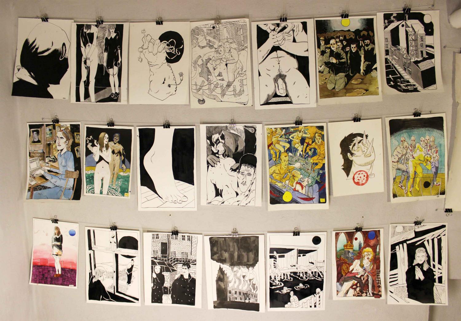 strong and expressive art illustrations and drawings, talented Danish illustrator, cartoonist