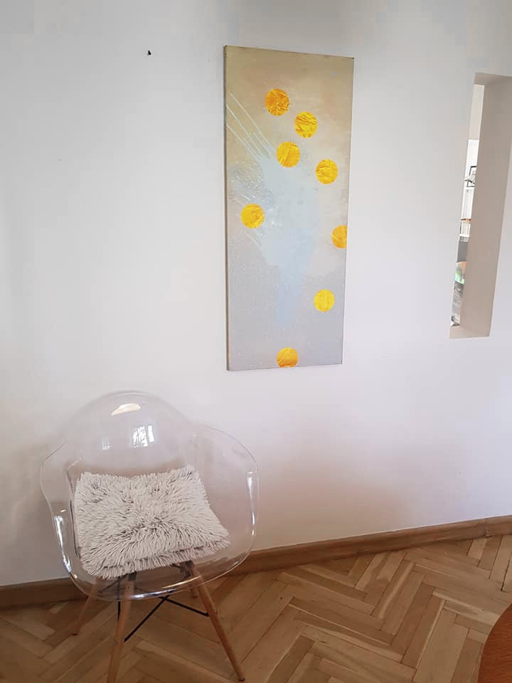 Yellow Dots | Paintings | Agnieszka Zawisza | Beauton Art Gallery paintings, abstract, colorful, expressive, graphical, botany, oceans, patterns, beige, blue, turquoise, yellow, flax-canvas, oil, abstract-forms, beautiful, contemporary-art, interior, interior-design, love, modern, modern-art, nordic, pretty, romantic, water, Buy original high quality art. Paintings, drawings, limited edition prints & posters by talented artists.
