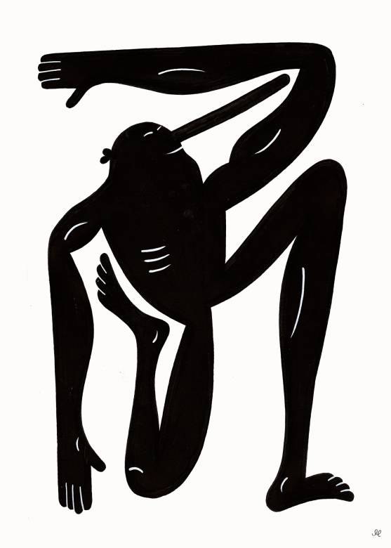 Yoga Exercise II RN (Black) | Art-prints, Giclee | Mormor | Beauton Art Gallery art-prints, giclee, family-friendly, figurative, graphical, minimalistic, monochrome, bodies, cartoons, humor, movement, people, sport, black, white, ink, paper, black-and-white, contemporary-art, copenhagen, danish, decorative, design, interior, interior-design, modern, modern-art, nordic, posters, prints, scandinavien, Buy original high quality art. Paintings, drawings, limited edition prints & posters by talented artists.