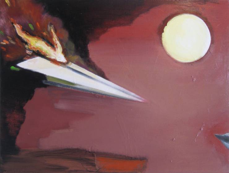 painting acrylic canvas origami paper airplane red explosion expressive drama sun flames ikaros dream airplane marck fink
