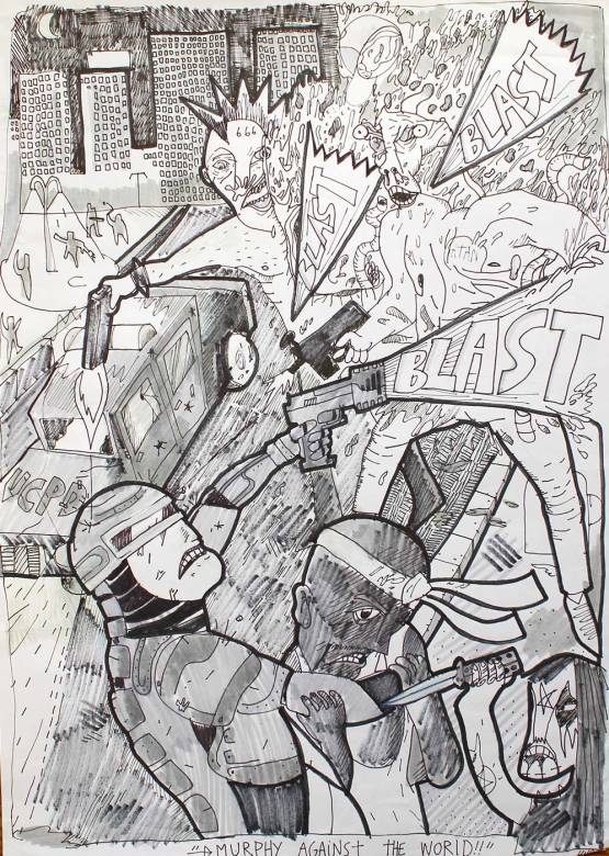 RoboCop II | Drawings | Halfdan Pisket | Beauton Art Gallery drawings, figurative, geometric, portraiture, surrealistic, architecture, black, white, artliner, paper, marker, fantasy, Buy original high quality art. Paintings, drawings, limited edition prints & posters by talented artists.