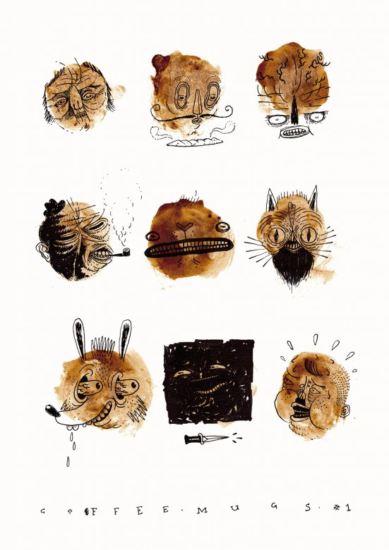 Coffee Mugs #1 | Posters-prints, Giclee-print | Patrick Ringsborg | Beauton Art Gallery posters-prints, giclee-print, abstract, family-friendly, humor, patterns, people, black, brown, white, paper, amusing, contemporary-art, danish, decorative, design, faces, interior, interior-design, modern, modern-art, nordic, posters, prints, scandinavien, Buy original high quality art. Paintings, drawings, limited edition prints & posters by talented artists.