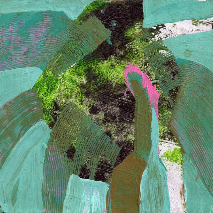 Abstract Juice - 20 x 20 cm. Original painting by Piotr Dudek.  It is a search for an organic, lively matter. The picture can be associated with a fruit with juices coming out of it. I like variety and saturated color. I want the viewer to feel optimistic and appreciate life.  Keywords: texture, organic, abstract, flow, green