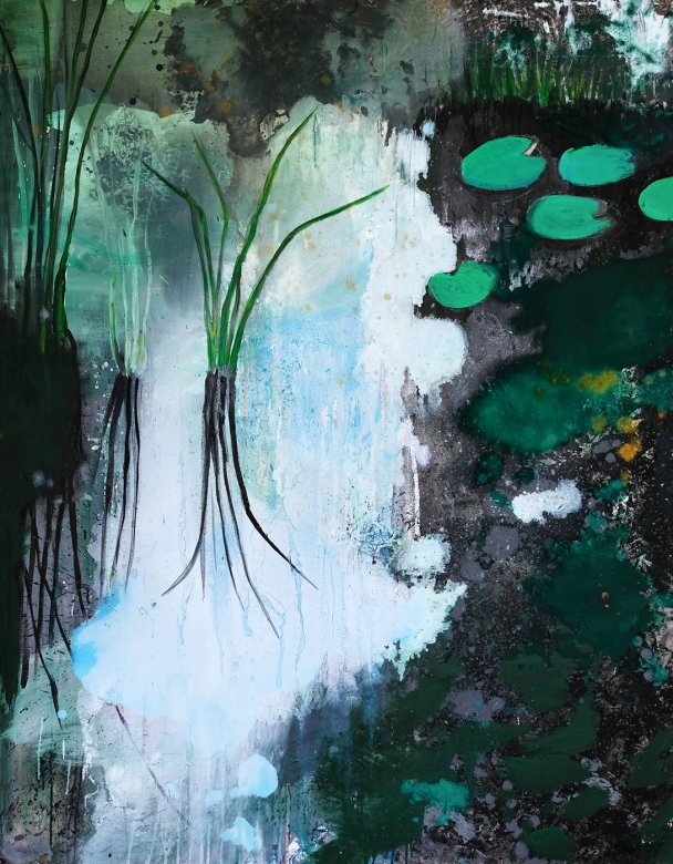 Plants In The Water III | Malerier | Agnieszka Zawisza | Beauton Art Gallery malerier, æstetiske, illustrative, landskab, kroppe, havet, sorte, grønne, hvide,  bomuldslærred, olie, efterår, smukke, samtidskunst, dekorative, design, interiør, bolig-indretning, moderne, moderne-kunst, planter, vand, Buy original high quality art. Paintings, drawings, limited edition prints & posters by talented artists.