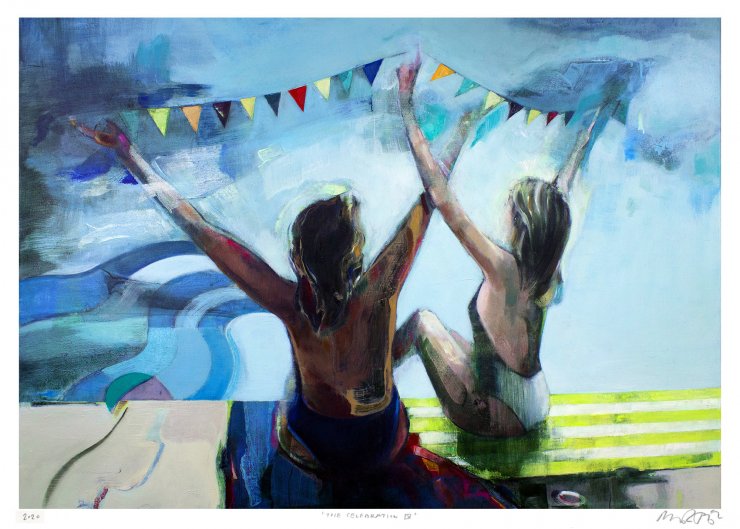 Celebration IV | Posters-prints, Giclee-print | Marck Fink | Beauton Art Gallery posters-prints, giclee-print, aesthetic, colorful, figurative, graphical, bodies, nature, oceans, people, beige, blue, turquoise, yellow, ink, paper, beach, beautiful, contemporary-art, copenhagen, danish, decorative, design, female, interior, interior-design, modern, modern-art, nordic, posters, romantic, scandinavien, summer, women, Buy original high quality art. Paintings, drawings, limited edition prints & posters by talented artists.