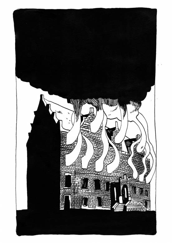 Fire | Art-prints, Gliceé | Halfdan Pisket | Beauton Art Gallery art-prints, gliceé, graphical, illustrative, monochrome, architecture, sky, black, white, ink, paper, atmosphere, black-and-white, buildings, contemporary-art, danish, design, interior, interior-design, modern, modern-art, nordic, posters, prints, Buy original high quality art. Paintings, drawings, limited edition prints & posters by talented artists.