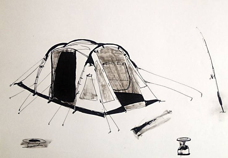 C.A.M.P.I.N.G 1 | Drawings | Thomas Dausell | Beauton Art Gallery drawings, family-friendly, figurative, illustrative, monochrome, everyday life, nature, black, white, paper, marker, black-and-white, natural, naturalism, outdoors, pop-art, realism, scenery, summer, Buy original high quality art. Paintings, drawings, limited edition prints & posters by talented artists.