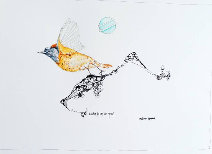 Gravity is not an option - 40 x 29 cm. An original illustration by Marianne Stenberg illustrations perfect for home home decor, original art, gift idea, galleries, talented artists, illustrators Collage on display in the frame