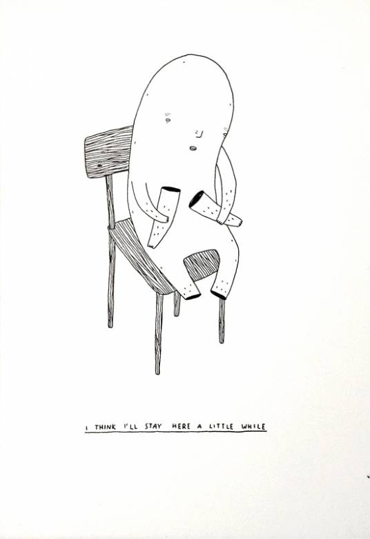 I think I will stay here a little while - 30 x 21. An original illustration of My Buemann. The artwork is framed in a black wooden frame. Black and white illustrations perfect for home interior decoration, original art, gift idea, galleries, talented artists, illustrators