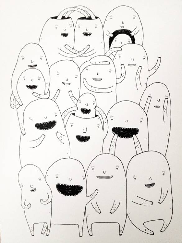 Random people #1 - 21 x 30 - A4. An original art illustration by artist My Buemann. The artwork is framed in a black wooden frame. Housing decor with original art, whimsical drawings fun and quirky characters of talented artists.