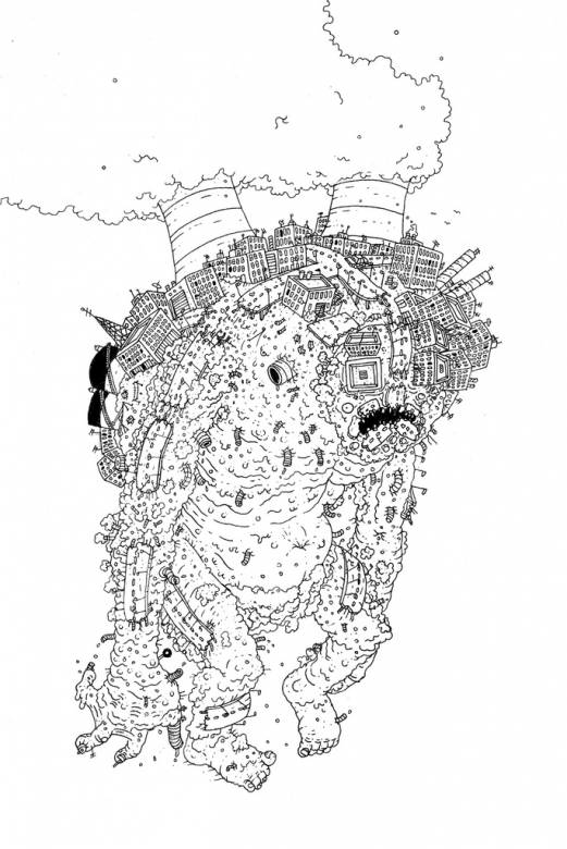 Tjernobill - 29,7 x 42 cm., A3. An original illustration by Rune Alexandersen.  The drawing is done on thick acid-free permanent paper. The drawing is not framed. power station chimney, illustrations and drawings, art, art gallery, gallery, funny drawing, street art, pop culture, inspiration