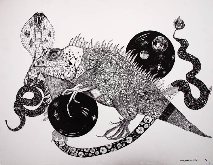 Iguana and Snake signs. An illustration by artist Marianne Stenberg. illustration. Expressive modern art. animals. talented artists, online art gallery.