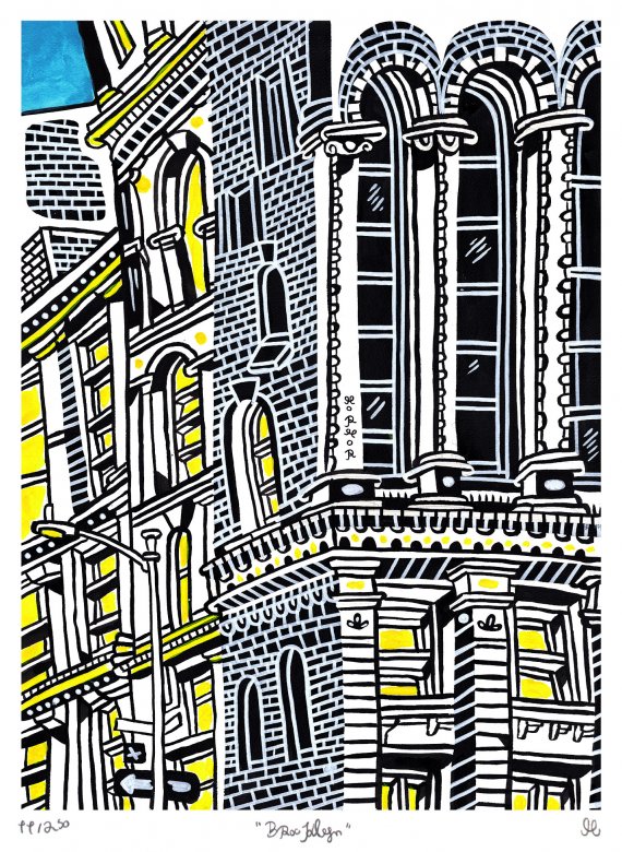 Little Brooklyn | Posters-prints, Giclee-print | Mormor | Beauton Art Gallery posters-prints, giclee-print, family-friendly, figurative, graphical, illustrative, architecture, cartoons, moods, sky, black, blue, grey, white, yellow, ink, paper, architectural, beautiful, buildings, cities, contemporary-art, copenhagen, danish, decorative, design, interior, interior-design, modern, nordic, posters, prints, scandinavien, street-art, streets, Buy original high quality art. Paintings, drawings, limited edition prints & posters by talented artists.