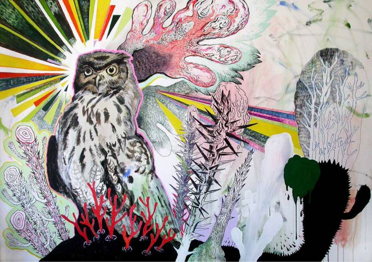 Owl | Paintings | Louise Bech Pedersen | Beauton Art Gallery paintings, abstract, aesthetic, animal, landscape, botany, blue, pink, white, acrylic, cotton-canvas, beautiful, birds, decorative, flowers, interior, interior-design, love, plants, Buy original high quality art. Paintings, drawings, limited edition prints & posters by talented artists.