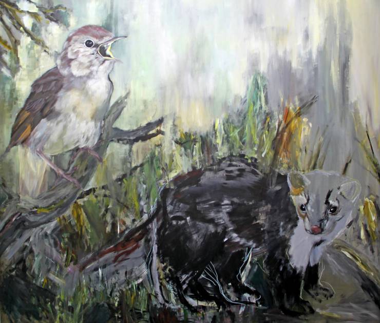 Nightingale & stone marten | Paintings | Louise Bech Pedersen | Beauton Art Gallery paintings, animal, colorful, figurative, illustrative, landscape, animals, botany, insects, wildlife, brown, green, grey, acrylic, flax-canvas, oil, autumn, contemporary-art, danish, design, interior, interior-design, modern, modern-art, nordic, scandinavien, Buy original high quality art. Paintings, drawings, limited edition prints & posters by talented artists.