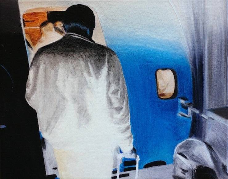 REVERSED PASSENGER - 34 x 28. An original painting by artist Rafael Guerrero Céspedes. art online, art online, talented artists, airplanes, airports, trains, people, luggage, photography, photos