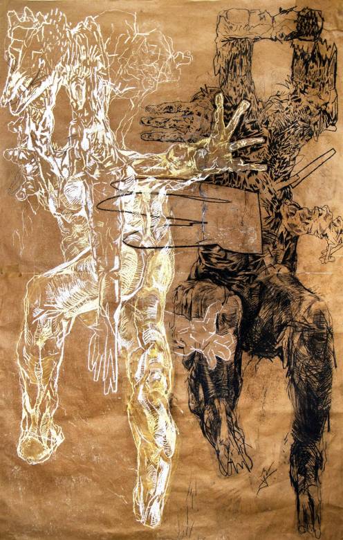 The Big Talk - 130 x 200 cm. Original oil painting Piotr Dudek  Two figures, one black, the other white, having an important talk. The poetry of the organic.  Keywords: paper, body, organic, drawing, expressionism, bacon