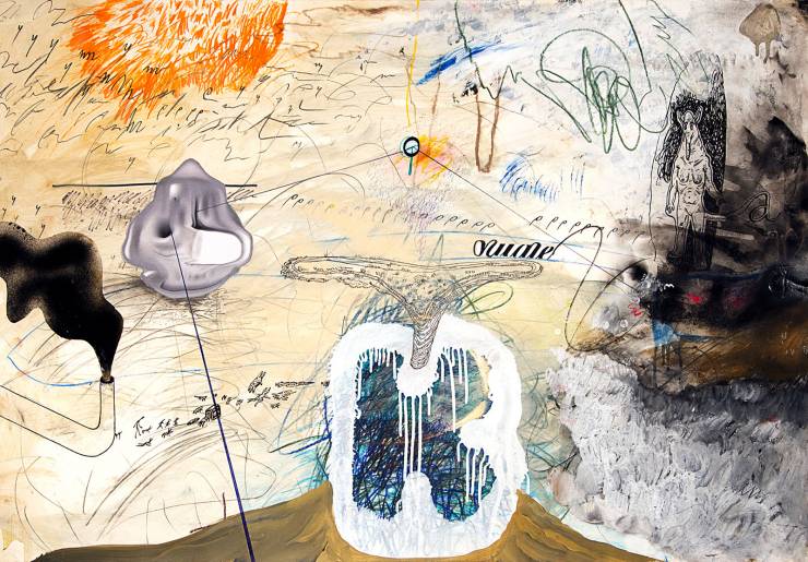 What's going on inside your Ear #1 - 70 x 100 cm. Et originalt mixed media maleri på papir af kunstner Piotr Dudek