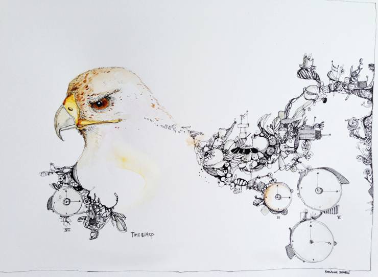 Timewarp - 40 x 29 cm. An original illustration by Marianne Stenberg  illustrations perfect for home home decor, original art, gift idea, galleries, talented artists, illustrators Collage on display in the frame