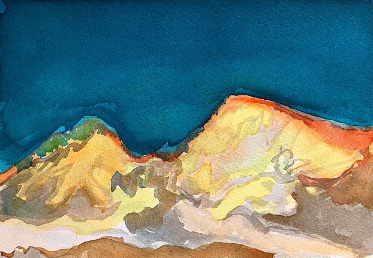 gouache-painting, watercolor-paintings, abstract, aesthetic, landscape, nature, sky, blue, brown, yellow, paper, watercolor, beautiful, contemporary-art, decorative, design, interior, interior-design, modern, modern-art, mountains, Buy original high quality art. Paintings, drawings, limited edition prints & posters by talented artists.