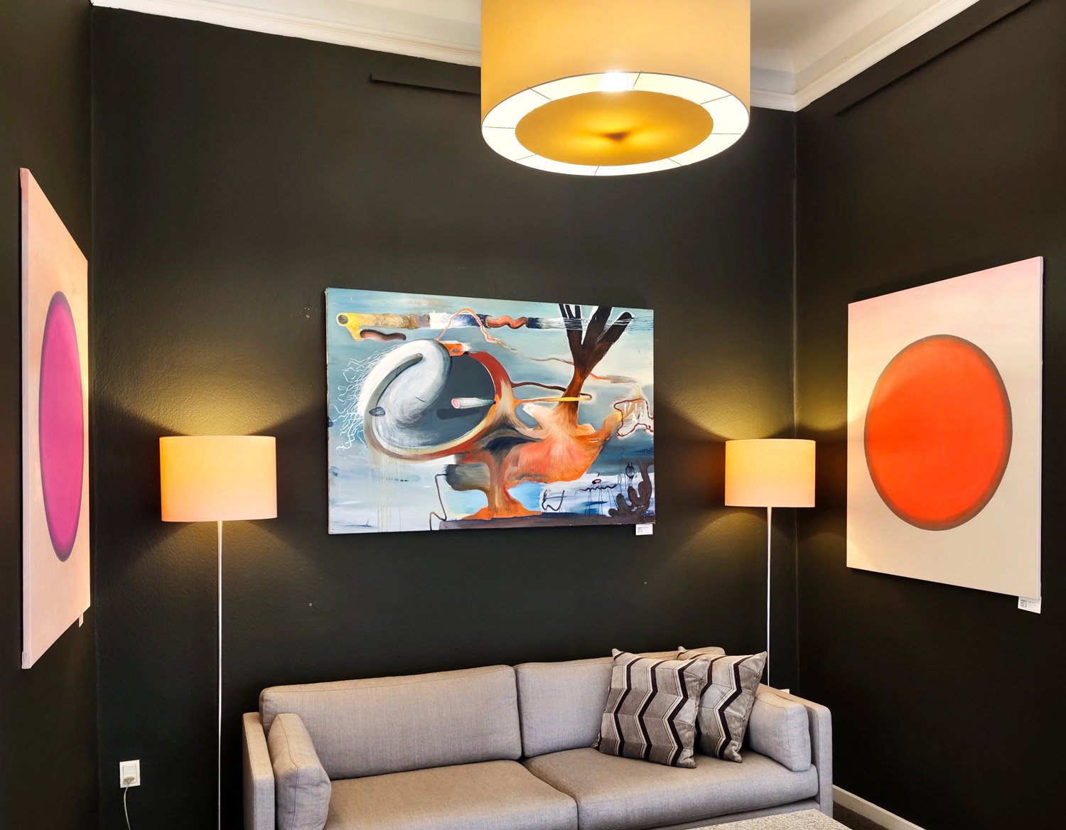 Little Fish, an original painting by Piotr Dudek and Choices I & II, original paintings by Rose Marie Brøgger
