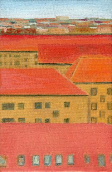 Overbyen  | Paintings | Rafael Guerrero Céspedes | Beauton Art Gallery paintings, colorful, figurative, geometric, illustrative, architecture, everyday life, moods, patterns, sky, blue, orange, red, yellow, cotton-canvas, oil, architectural, atmosphere, beautiful, buildings, cities, contemporary-art, copenhagen, danish, day, decorative, detailed, houses, interior-design, posters, realism, scandinavien, scenery, shapes, symmetry, tranquil, urban, vertical, windows, Buy original high quality art. Paintings, drawings, limited edition prints & posters by talented artists.