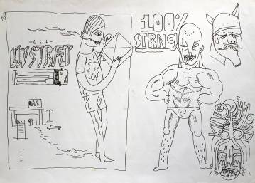 Livstræt - 100% Strong | Drawings | Halfdan Pisket | Beauton Art Gallery drawings, illustrative, monochrome, surrealistic, bodies, people, typography, black, white, artliner, paper, marker, men, Buy original high quality art. Paintings, drawings, limited edition prints & posters by talented artists.