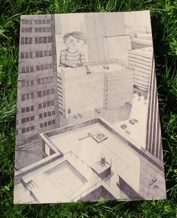 Big boy in New York - 100 x 70 An original drawing of Morten Løfberg. Photo drawing of a boy in the big city, houses, buildings, skyscraper, art drawings and illustrations online, talented artists, art online