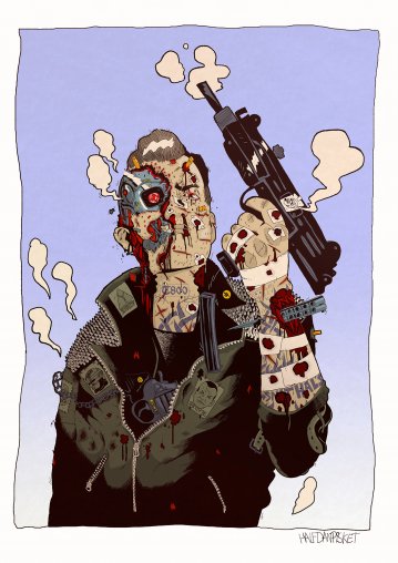 T800 | Posters-prints, Giclee-print | Halfdan Pisket | Beauton Art Gallery posters-prints, giclee-print, illustrative, portraiture, surrealistic, cartoons, people, science, beige, black, blue, ink, paper, amusing, contemporary-art, copenhagen, danish, decorative, interior, interior-design, men, modern, modern-art, nordic, posters, prints, scandinavien, Buy original high quality art. Paintings, drawings, limited edition prints & posters by talented artists.