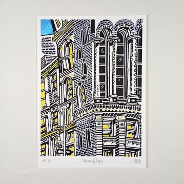 posters-prints, giclee-print, colorful, family-friendly, illustrative, architecture, cartoons, children, black, blue, yellow, ink, paper, posters, Buy original high quality art. Paintings, drawings, limited edition prints & posters by talented artists.