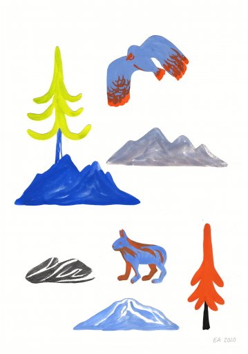 gouache-painting, colorful, figurative, illustrative, landscape, minimalistic, animals, botany, nature, sky, wildlife, blue, green, grey, orange, gouache, ink, paper, beautiful, birds, danish, design, forest, interior, interior-design, modern, modern-art, mountains, nordic, posters, prints, scandinavien, Buy original high quality art. Paintings, drawings, limited edition prints & posters by talented artists.