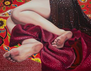 IV - 110 x 140 cm. Original oil painting by Aleksandra Kalisz  "Act of pattern" with focus on the female body. Delicate and soft forms of the models and the game of shadows and light shows parts of women’s figures covered in patterned materials, placed in colorful backgrounds. Nameless bodies make the scene more mysterious. The paintings seem almost abstract- eyes get lost in the multitude of lines, colors and shapes.  The ornaments used are mainly from Middle East. Fascinated by their colors, harmony and rhythm. The aim is to combine two different cultures: European (female nude) and Islamic (ornaments). “Act of pattern” is a reflection of experiences- travels and traditions.