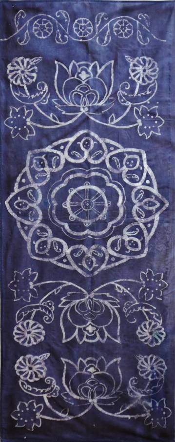 Batik, Number 1 - 200 x 70 cm. Original batik drawing by Aleksandra Kalisz  Batik is a technique of wax-resist dyeing applied to whole cloth, or cloth made using this technique. Batik is made either by drawing dots and lines of the resist with a spouted tool called a canting, or by printing the resist with a copper stamp called a cap.   The applied wax resists dyes and therefore allows the artisan to colour selectively by soaking the cloth in one colour, removing the wax with boiling water, and repeating if multiple colours are desired.