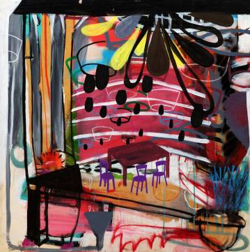 Dinner | Paintings | Simon Buch | Beauton Art Gallery paintings, colorful, graphical, pop, botany, patterns, black, brown, grey, red, acrylic, marker, spray-paint, wood, abstract-forms, flowers, street-art, vivid, Buy original high quality art. Paintings, drawings, limited edition prints & posters by talented artists.