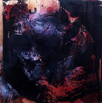 Untitled #18 - 60 x 60. An original painting by artist Ola Juliussen. Abstrakt rødt sort gråt stort originalt maleri til din bolig fantastisk indretning