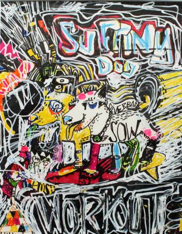 "Dog Workout" An original illustration by artist Simon Buch. The illustration is framed in a wooden frame with real glass. paintings illustrations online gallery modern art decoration design graphic home gallerie