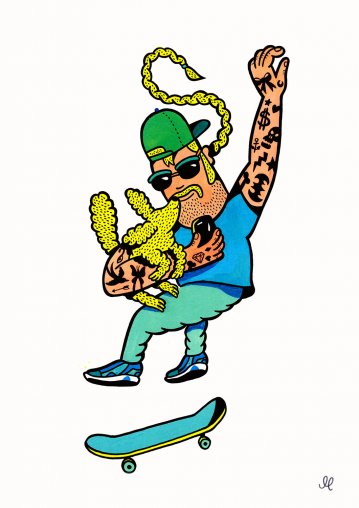 Skaterboy  | Posters-prints, Giclee-print | Mormor | Beauton Art Gallery posters-prints, giclee-print, family-friendly, figurative, pop, portraiture, bodies, cartoons, children, humor, people, sport, blue, turquoise, white, ink, paper, amusing, contemporary-art, copenhagen, danish, decorative, design, interior, interior-design, modern, modern-art, nordic, scandinavien, Buy original high quality art. Paintings, drawings, limited edition prints & posters by talented artists.