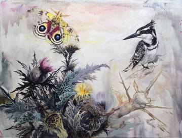 Pied Kingfisher & Lo-moth | Paintings | Louise Bech Pedersen | Beauton Art Gallery paintings, aesthetic, animal, colorful, landscape, animals, botany, insects, movement, wildlife, green, grey, yellow, acrylic, flax-canvas, abstract-forms, atmosphere, beautiful, contemporary-art, copenhagen, danish, decorative, design, interior, interior-design, modern, modern-art, nordic, scandinavien, trees, Buy original high quality art. Paintings, drawings, limited edition prints & posters by talented artists.