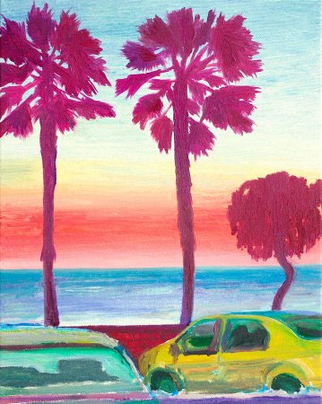 Sunset Blvd | Paintings | Rafael Guerrero Céspedes | Beauton Art Gallery paintings, aesthetic, colorful, landscape, pop, botany, moods, nature, oceans, seasons, sky, transportation, blue, purple, red, yellow, cotton-canvas, oil, atmosphere, beach, beautiful, bright, cars, cities, contemporary-art, day, decorative, fantasy, flowers, modern-art, outdoors, plants, pretty, scenery, sea, summer, sun, tranquil, travel, trees, urban, vertical, Buy original high quality art. Paintings, drawings, limited edition prints & posters by talented artists.