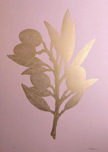 Olive Branch Gold/Pastel Pink | Posters-prints, Linocuts | Monika Petersen | Beauton Art Gallery posters-prints, linocuts, aesthetic, figurative, graphical, pop, still-life, botany, nature, pastel, pink, acrylic, ink, paper, beautiful, danish, decorative, design, interior, interior-design, modern, modern-art, nordic, plants, scandinavien, Buy original high quality art. Paintings, drawings, limited edition prints & posters by talented artists.