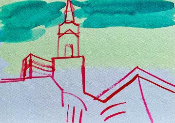 gouache-painting, watercolor-paintings, figurative, illustrative, landscape, religion, sky, green, red, white, gouache, paper, watercolor, beautiful, contemporary-art, decorative, design, interior, interior-design, modern, modern-art, Buy original high quality art. Paintings, drawings, limited edition prints & posters by talented artists.